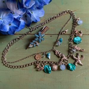 🏝 Boho Mermaid Starfish Shell Seahorse Charm Necklace & Blue Stone Hair Clip